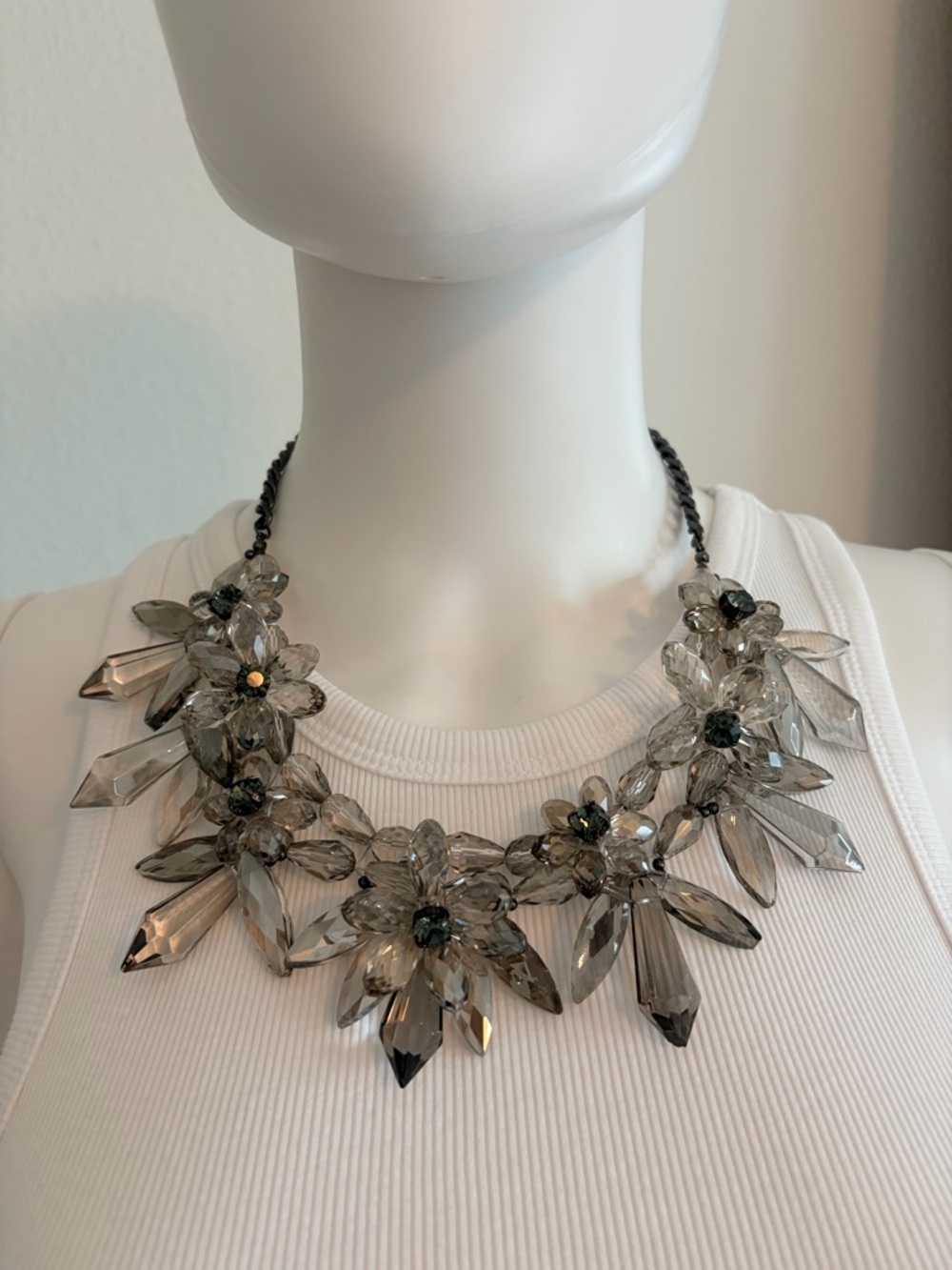 Natasha Statement Floral Crystal Necklace in Smoky Gray
